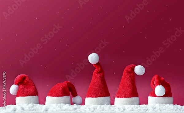 Fototapeta Santa Claus hats on a red background, Christmas background, Merry Christmas and Happy New Year banner, copy space.