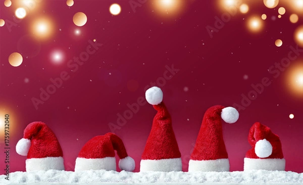 Fototapeta Santa Claus hats on a red background, Christmas background, Merry Christmas and Happy New Year banner, copy space.