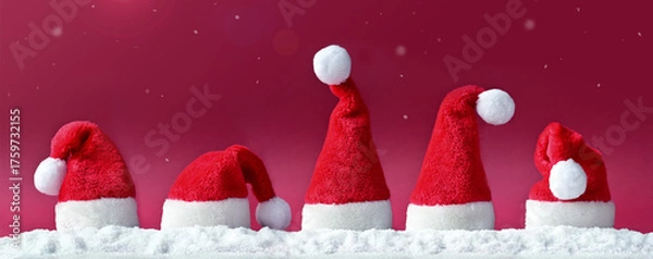 Fototapeta Santa Claus hats on a red background, Christmas background, Merry Christmas and Happy New Year banner, copy space.
