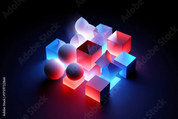 Fototapeta Colorful geometric shapes arranged creatively with soft lighting in a dark environment for a modern artistic display Generative AI
