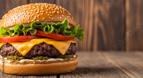 Fototapeta Hamburger with Cheese, Tomato, Lettuce and Pickles on a Sesame Seed Bun | Close-up Still Life for Restaurant Menu, Food Blog, and Culinary Marketing