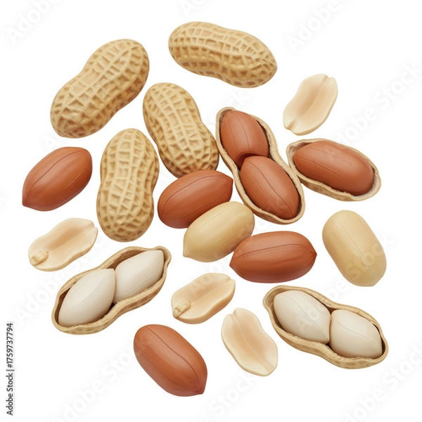 Fototapeta Heap of whole unpeeled peanuts and shelled nuts scattered on a dark surface isolated on transparent background