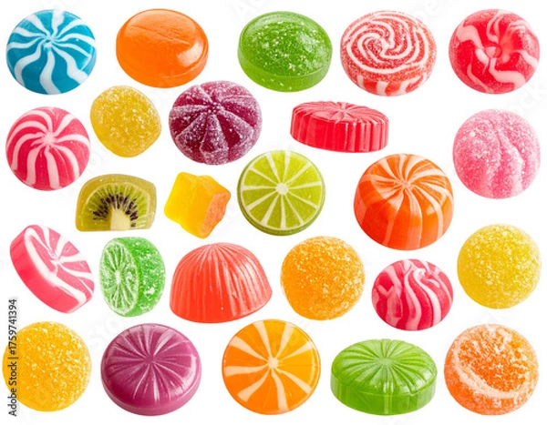 Fototapeta Assortment of vibrant, translucent hard candies and fruit jellies on a black background