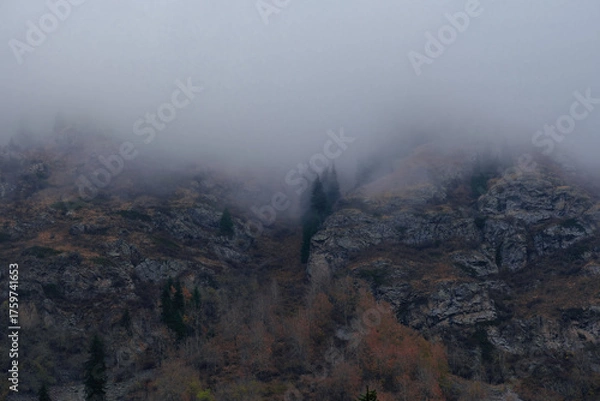Fototapeta A gloomy and foggy autumn landscape overlooking rocky mountains and a gorge shrouded in thick cloud. Dark, mysterious, and atmospheric.