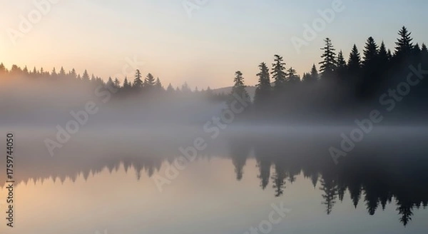 Fototapeta Serene forest silhouette reflected in a foggy lake at dawn.