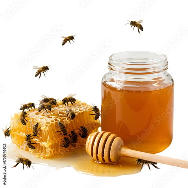 Obraz Honeycomb, Honey Jar, Bees: Natural Sweetener Product Photography isolated on transparent background