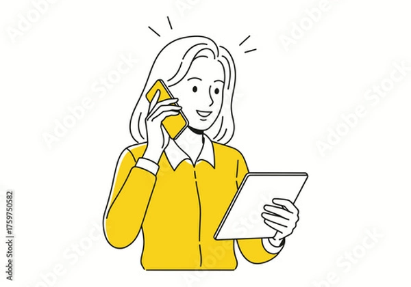 Obraz Woman Talking on Phone and Using Tablet Modern Business Communication Concept Illustration
