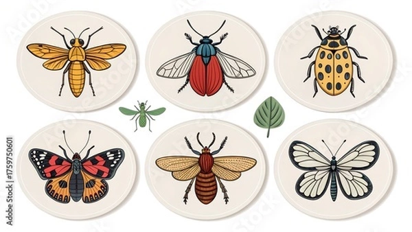 Fototapeta Colorful collection of bugs, butterflies, and moths on a white background. Animal world concept