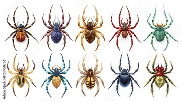 Fototapeta A collection of colorful spiders on a white background. Various spider species in bright colors, perfect for educational materials or entomology topics. Concepts of hunting, stealth, and attack.