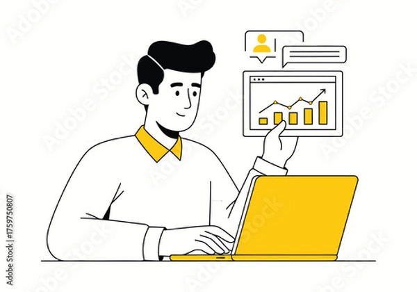 Obraz Illustration of a man sitting at a table, working on a laptop. showing an upward-trending line chart and bar graph, indicating data analysis or business growth.
