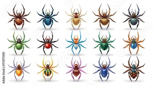 Fototapeta A collection of colorful spiders on a white background. Various spider species in bright colors, perfect for educational materials or entomology topics. Concepts of hunting, stealth, and attack.