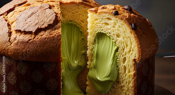 Obraz Side view of pistachio-filled panettone being cut, vibrant and elegant composition.