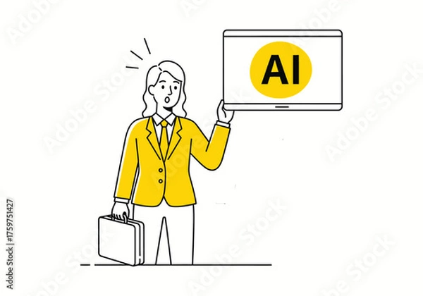Obraz illustration of a businesswoman, holding a briefcase and displaying a screen containing the letters "AI"