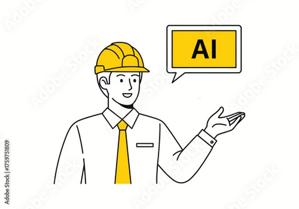 Obraz A cartoon construction worker in a safety helmet with a clipboard and a blueprint illustration