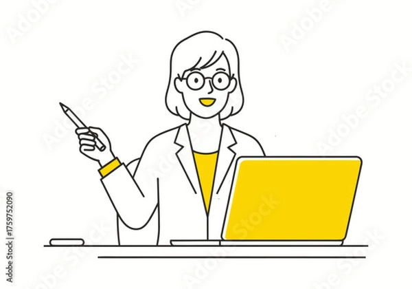 Obraz Cartoon illustration of a woman doctor, a girl,  while working on a computer laptop in an office setting
