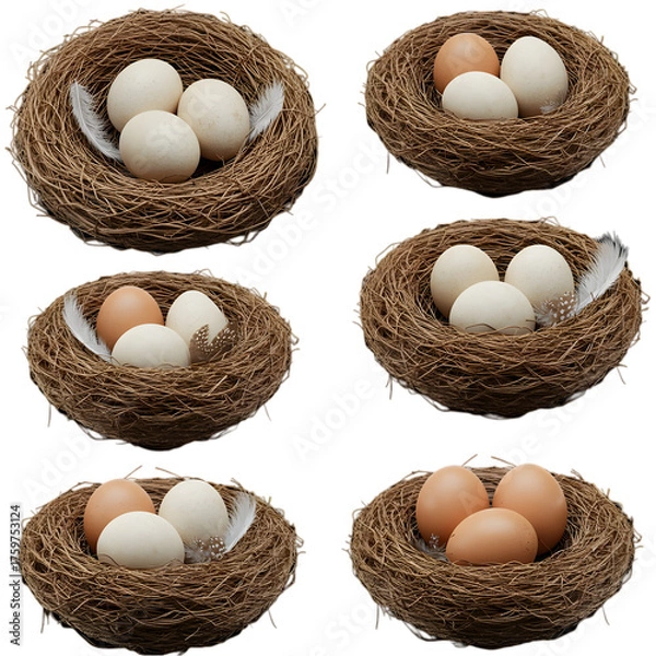 Obraz Six Bird Nests with Eggs: Variations in Nest and Egg Color isolated on transparent background