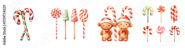 Obraz Assorted festive candy canes swirled lollipops and gingerbread figures with Santa hats transparent background