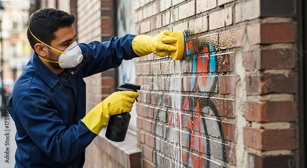 Obraz Man in mask cleaning graffiti off brick wall with spray bottle and sponge wearing yellow gloves outside