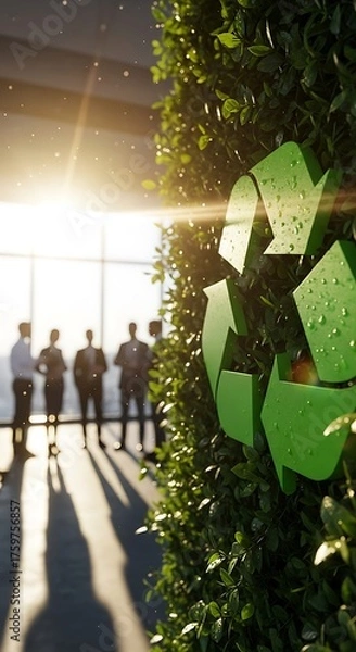 Fototapeta Green recycle symbol on foliage with business team in background near window during a bright sunny day