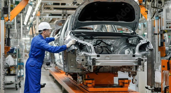 Fototapeta Engineer in automotive factory car assembly line
