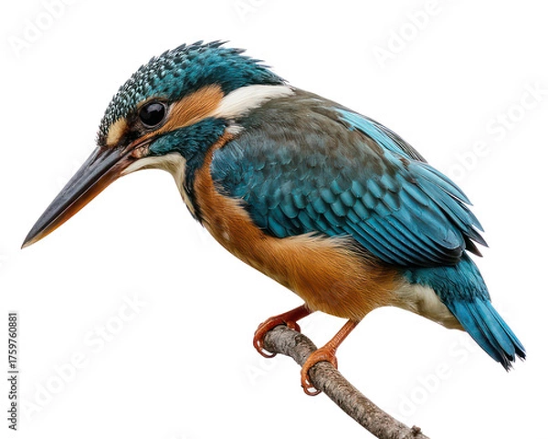 Fototapeta A close-up shot of a vibrant kingfisher perched on a branch angled downwards against white