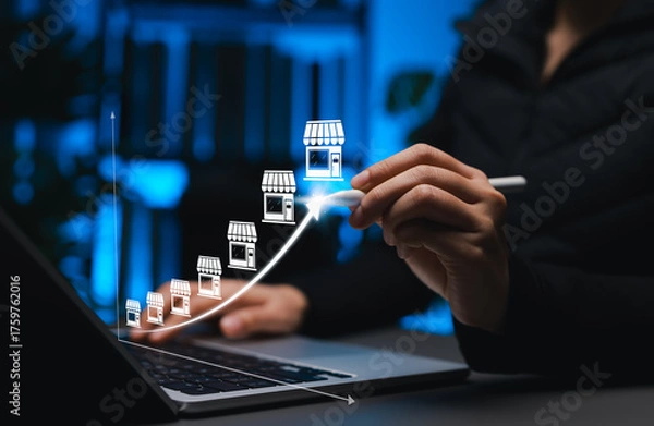 Fototapeta Retail Store Expansion and Franchise Growth Strategy Concept. Person draws upward curve connecting multiple storefront icons, symbolizing retail growth, franchise development and expansion strategy.