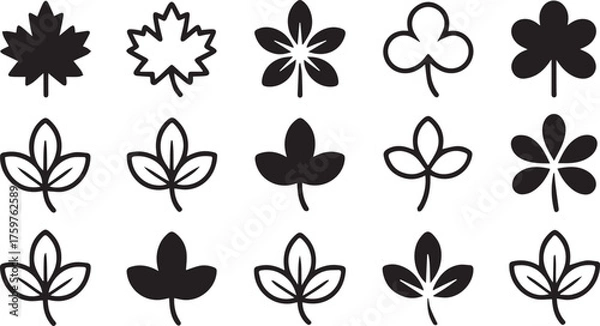 Fototapeta Variety of Black and White Leaf Icons Maple, Clover, and Abstract Botanical Designs