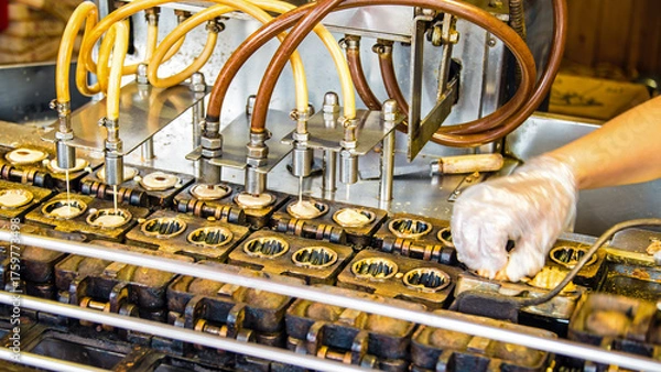 Fototapeta Keksmaschine in China, Industrie, Handarbeit, Handwerk, Industrialisierung, Fortschritt, Markt, Märkte, Gussform, Biskuit, Feinbackware, Backware, Fliessband, Automation