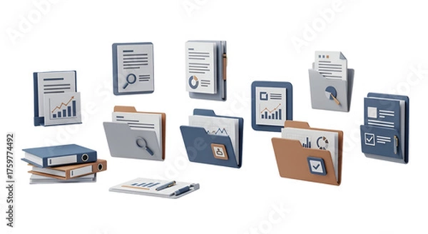Fototapeta 3d icon of collection of office folders and documents isolated on transparent background, representing organization and data