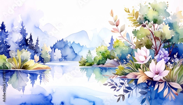 Fototapeta 穏やかな湖面に映る青空と木々、優しいタッチの花々を描いた水彩風の風景画。自然の静けさと透明感を感じる優美なアートイラスト