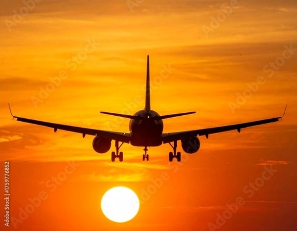 Fototapeta Airplane silhouette against a vibrant sunset, symbolizing travel and aviation.
