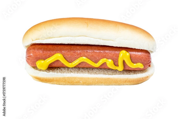 Fototapeta Delicious hot dog served in a fresh bun with bright yellow mustard for a tasty snack /transparent PNG/ file