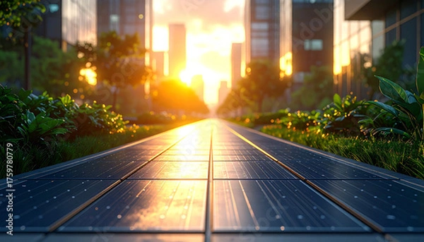 Obraz Solar Panels and Cityscape: A vibrant cityscape, bathed in the warmth of the sun, reveals an innovative intersection of renewable energy and urban development, emphasizing a sustainable future.