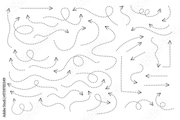 Obraz Hand Drawn Dotted Arrow Set Curved, Wavy, Swirl, and Loop Direction Sketch Collection