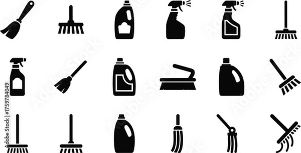 Fototapeta cleaning tools icons set, broom, detergent bottle, spray bottle, mop, brush, hygiene, house cleaning vector illustration design
