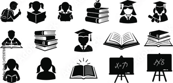 Fototapeta education icon set, student book graduation symbol, learning and study concept vector, school and college illustration design collection