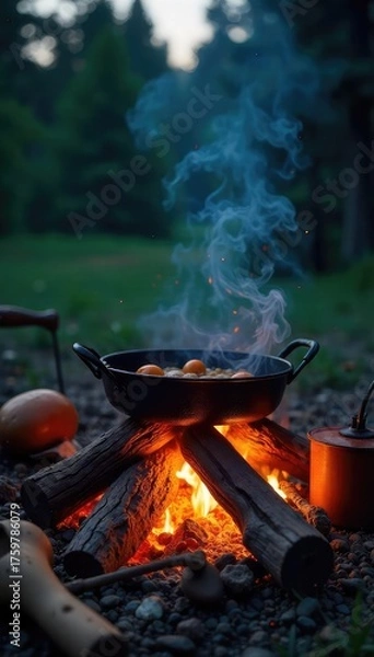 Fototapeta A crackling campfire with a cast iron skillet simmering on top, surrounded by cooking utensils and ingredients ready for a delicious meal under the stars , nature, campfire cooking