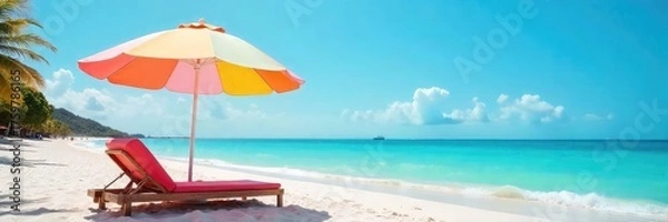 Fototapeta Relaxing beach scene featuring a large, colorful resort umbrella providing shade on a sunny day Perfect for travel, vacation, and summer themes , outdoor, getaway, tropical