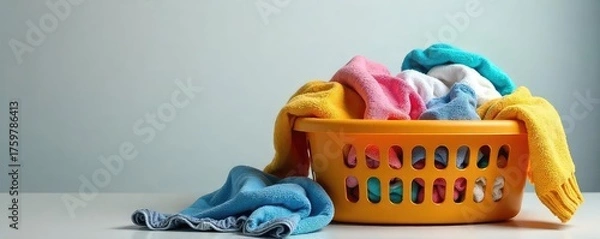 Obraz Overflowing laundry basket overflowing with clothes, shirts, towels, and other garments needing washing Ready for laundry day! A home cleaning and organization concept , storage, container