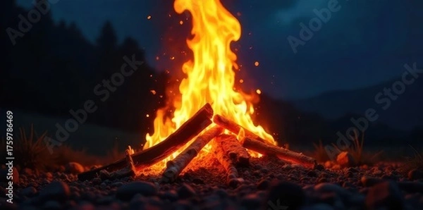 Fototapeta Close-up shot of a roaring bonfire, flames licking upwards against a dark night sky, embers glowing intensely Perfect for concepts of warmth, energy, destruction, and power , power, dramatic, energy