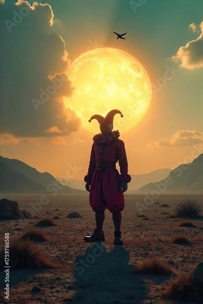 Fototapeta A lone jester figure stands isolated in a desolate, barren landscape, silhouetted against a harsh sun  The image evokes feelings of loneliness, absurdity, and isolation , silent, emptiness, tragedy