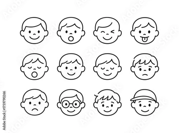 Fototapeta Cute kids' emoji faces display various expressions in minimalistic black line style