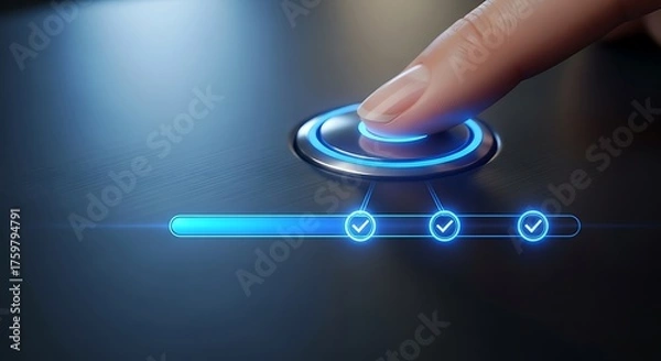 Fototapeta A finger presses a glowing button on a sleek, dark surface, activating a progress bar with three checkmarks, symbolizing completion, success, and the achievement of goals