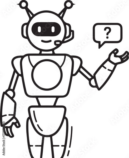 Fototapeta Line art robot with headset asking a question ai customer support assistant