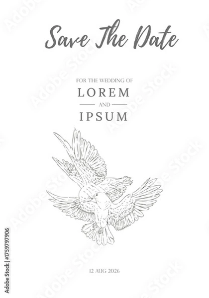 Obraz Save the Date Template with Hand Drawn White Dove Elegant Wedding Design