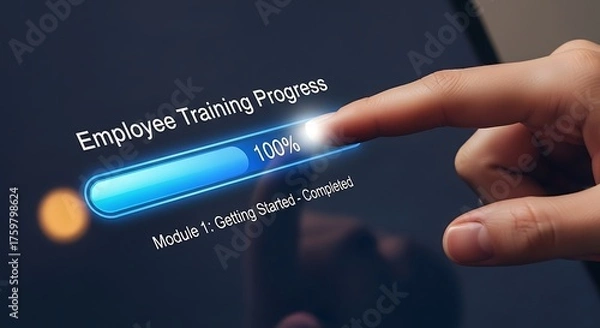Fototapeta A finger touches a screen showing an employee training progress bar at 100, indicating completion of module 1, getting started, and successful onboarding