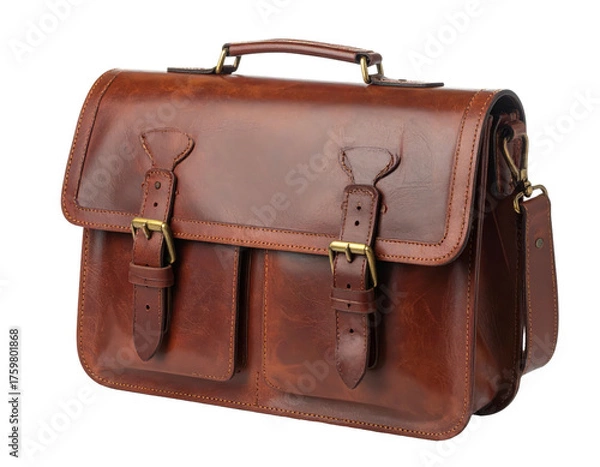 Fototapeta A brown leather satchel with dual compartments, buckles, and a handle