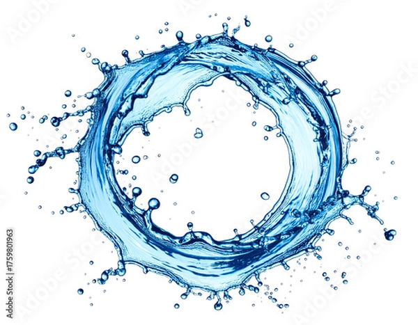 Fototapeta A circular splash of water, with droplets and flowing forms, against black