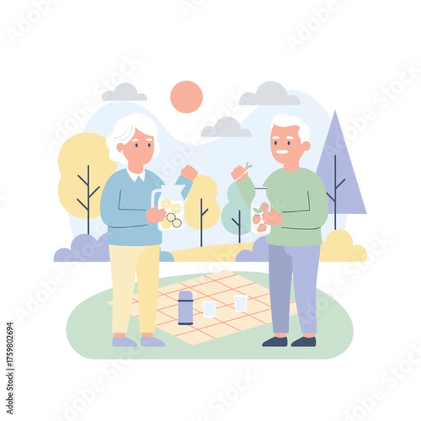Fototapeta Smiling senior couple enjoys a healthy picnic in a park with refreshing infused water and fruit