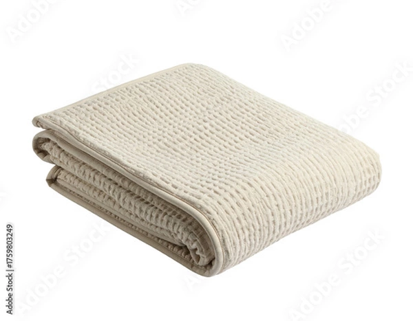Fototapeta A folded cream-colored textured blanket on a solid black background, soft looking